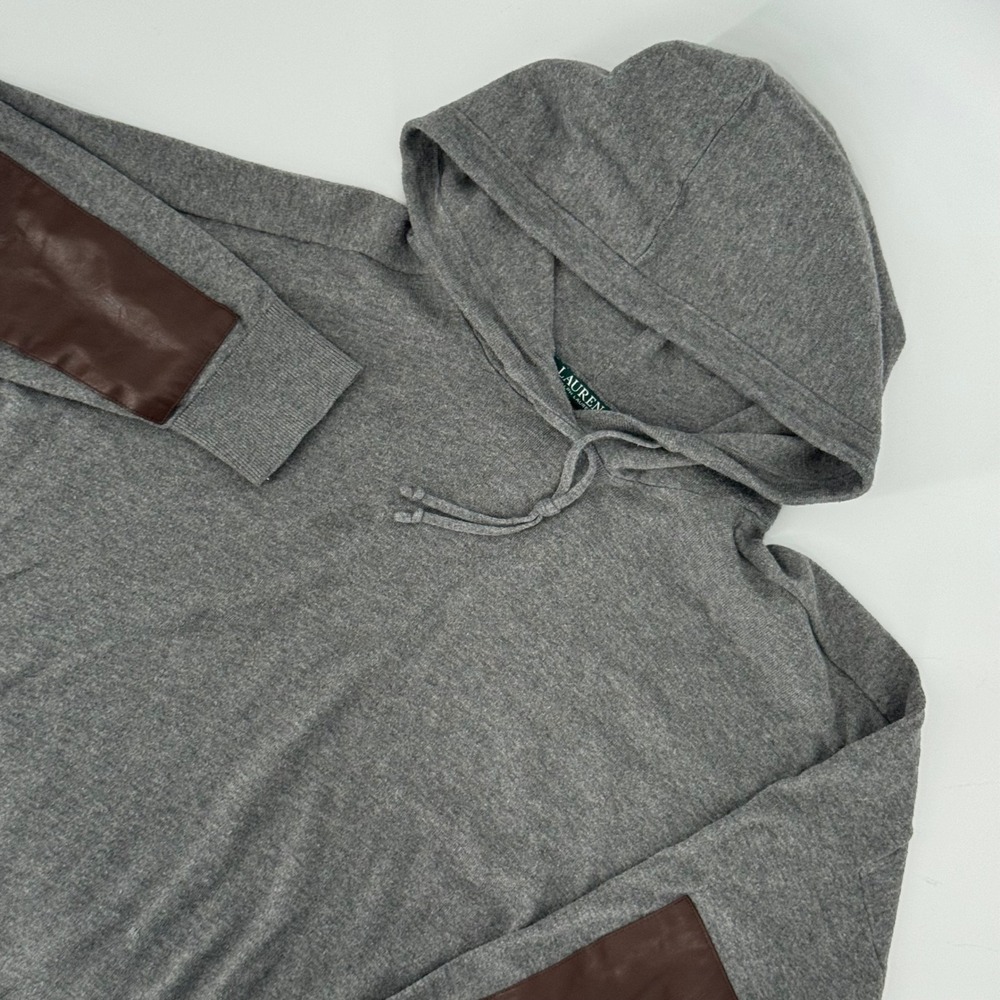 Lauren‎ Ralph Lauren Gray Knit Hoodie Brown Faux Leather Elbow Patches PL Womens
